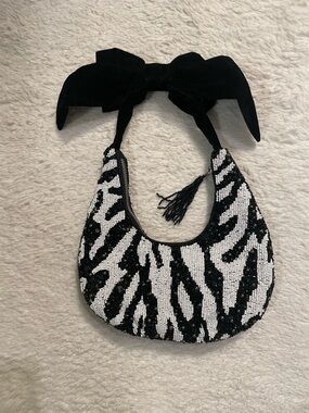 Black & White Beaded Zebra Print Shoulder Bag with Velvet Bow